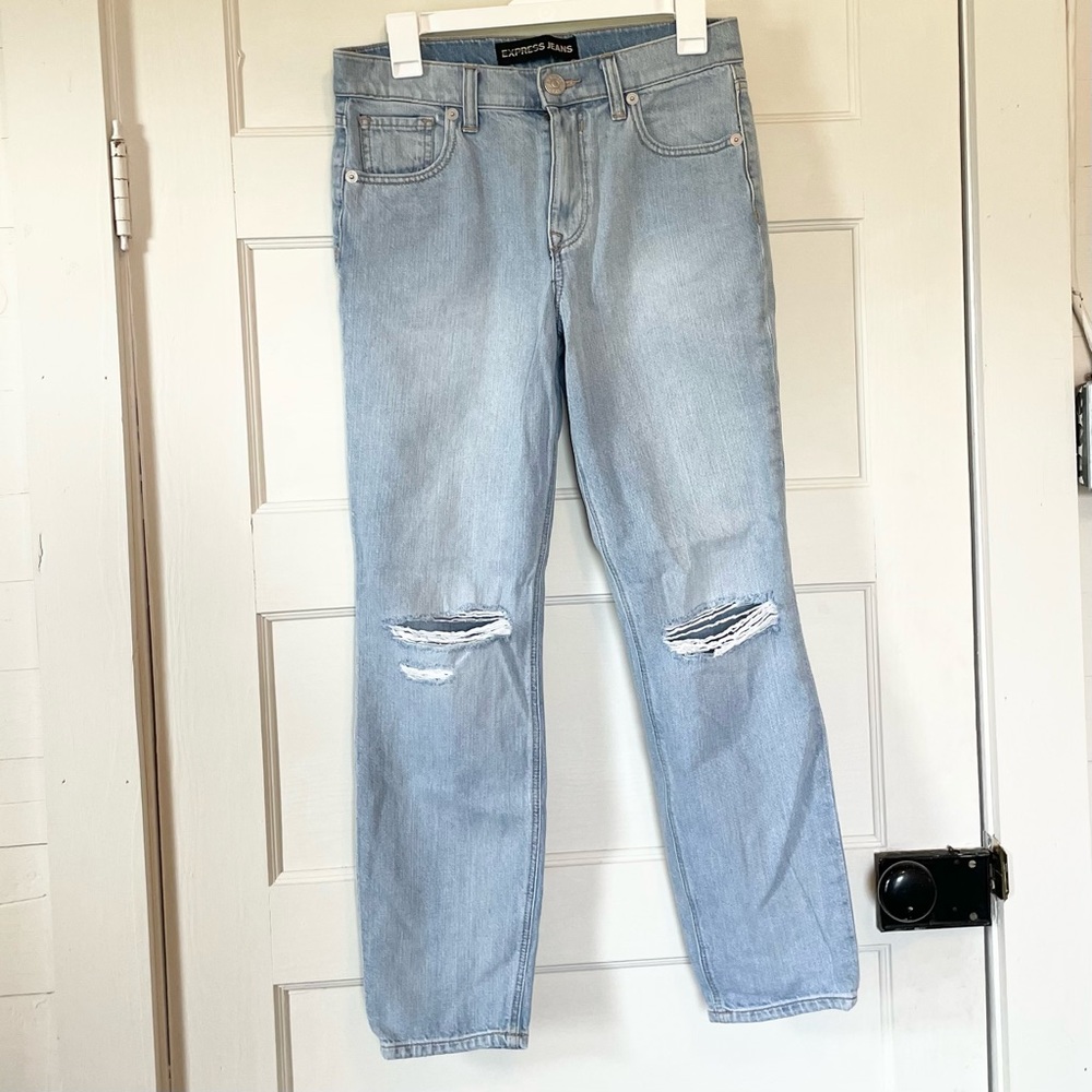 Express light wash mid-high rise cropped ripped jeans